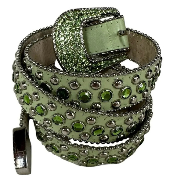 Christine Alexander Swarovski Crystal Studded Green Leather Belt Size Large main image 3